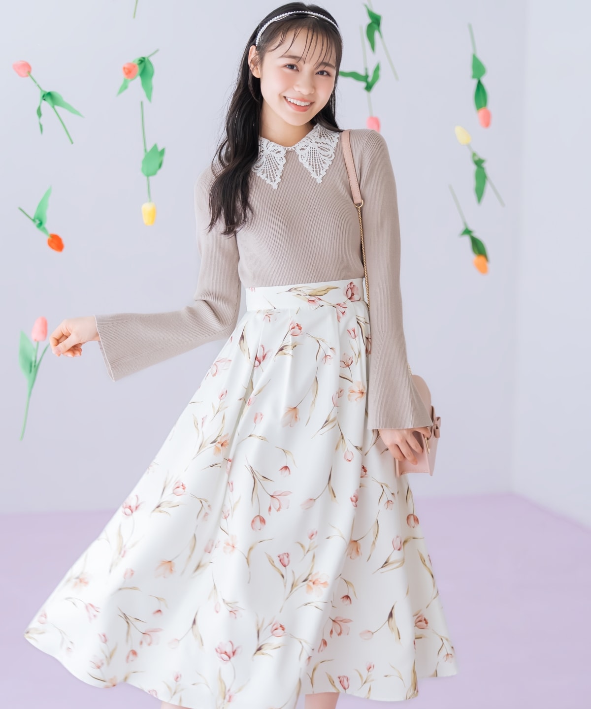 リボンレースカラーフレアスリーブニット