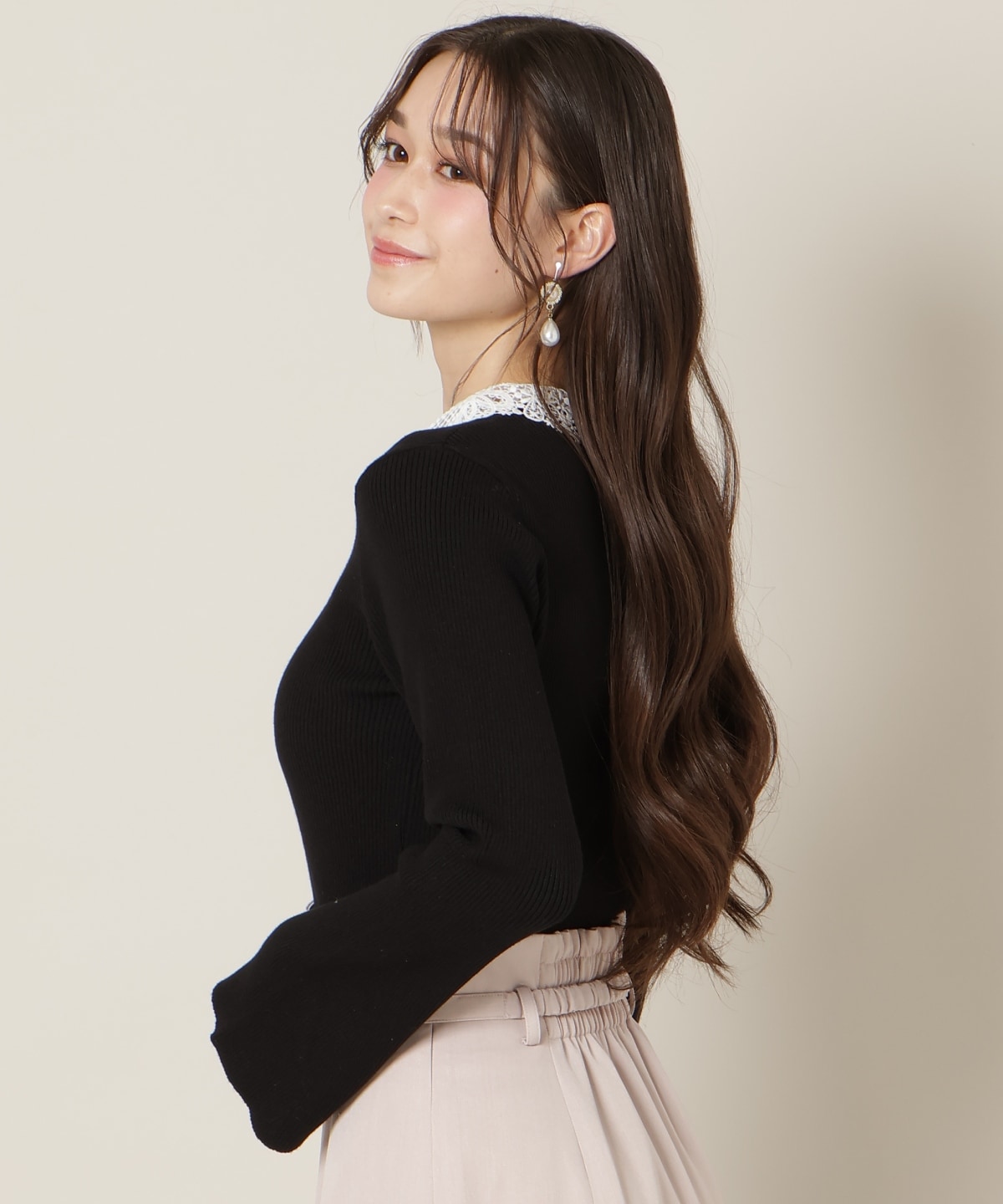 リボンレースカラーフレアスリーブニット