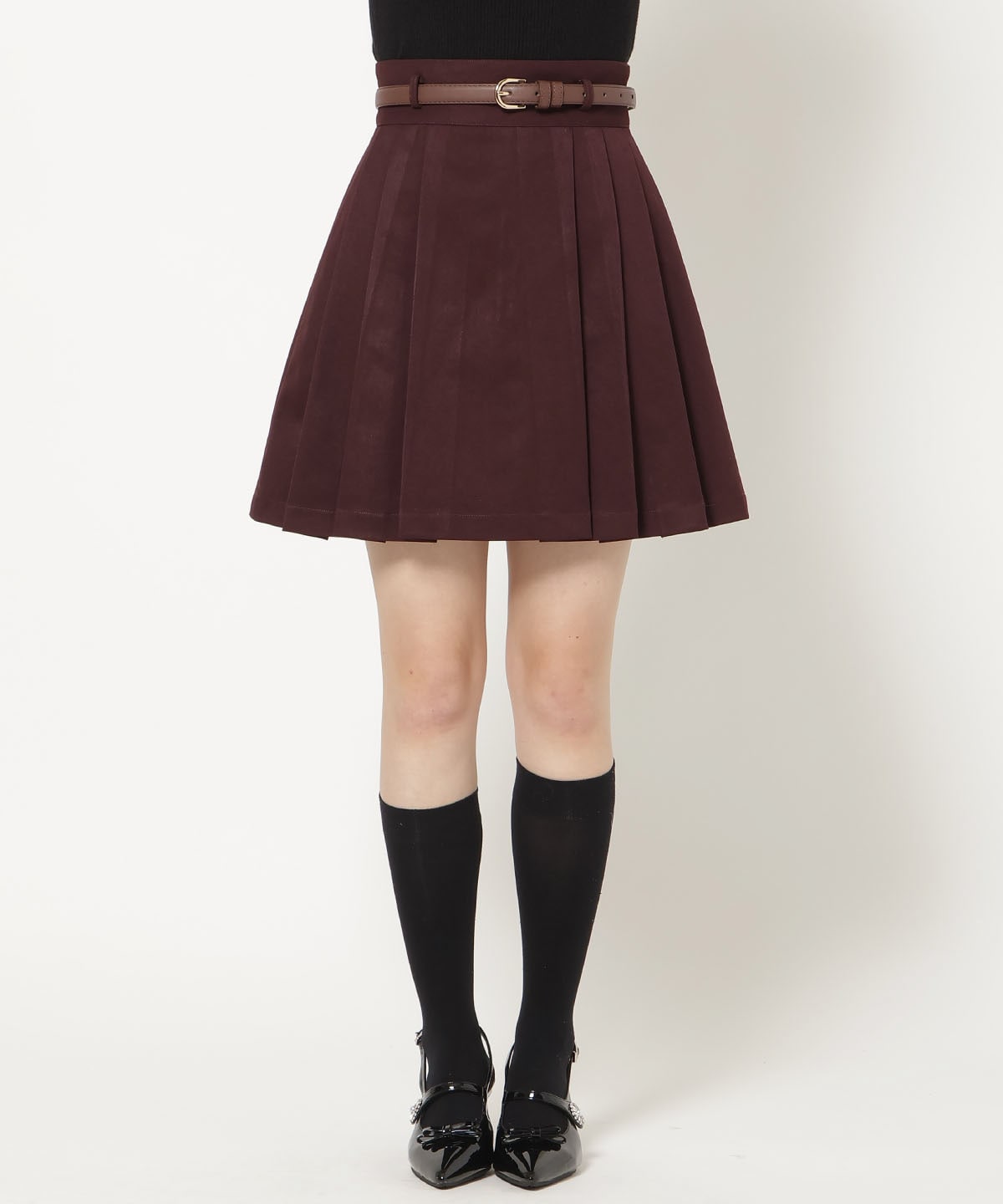 ベルト付きタックプリーツミニスカート
