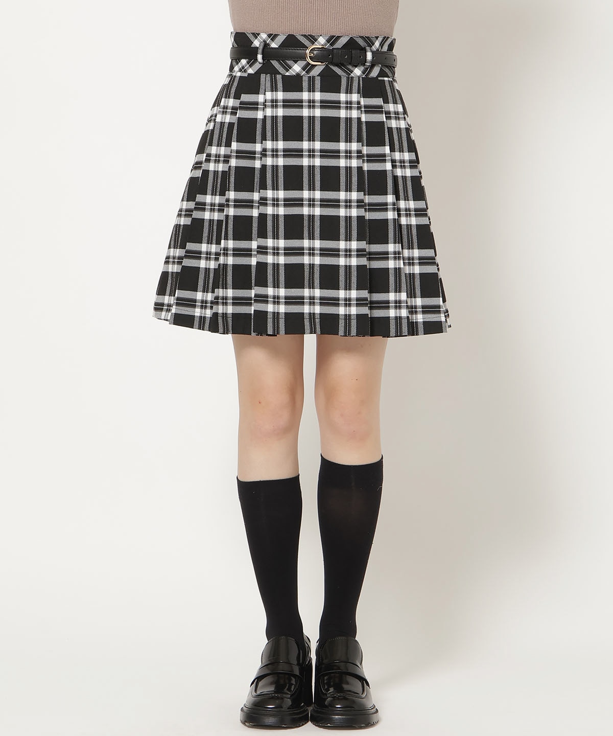 ベルト付きタックプリーツミニスカート