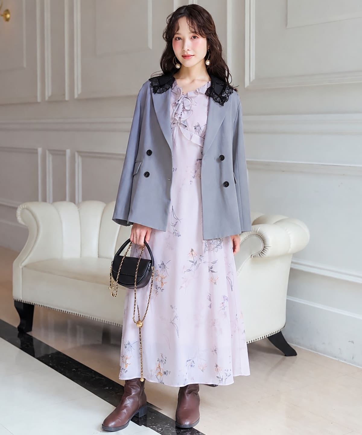 フローラルプリントアイラッシュレースワンピース
