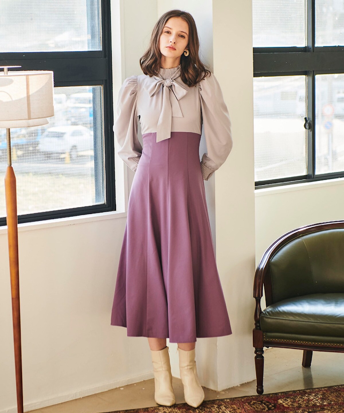 配色ボウタイワンピース M パールモーブ And Couture 公式オンラインショップ バーンデストローズ