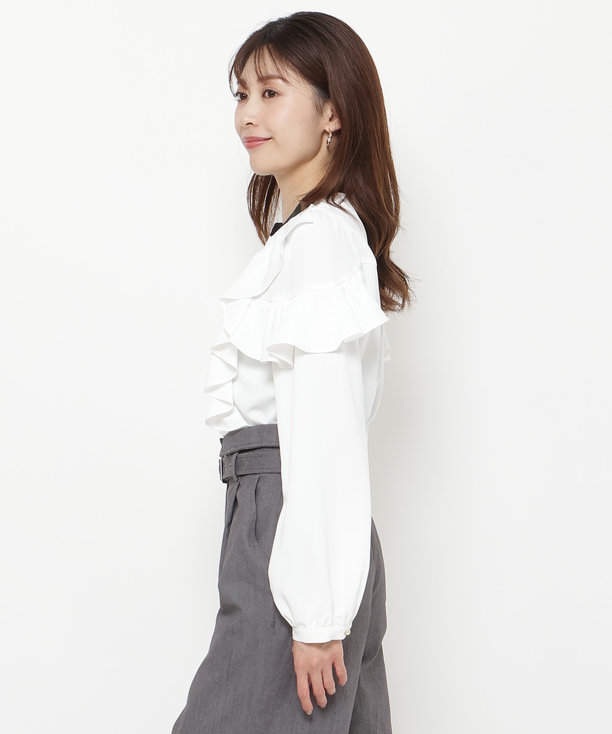 ダブルフリル配色ハイカラーブラウス