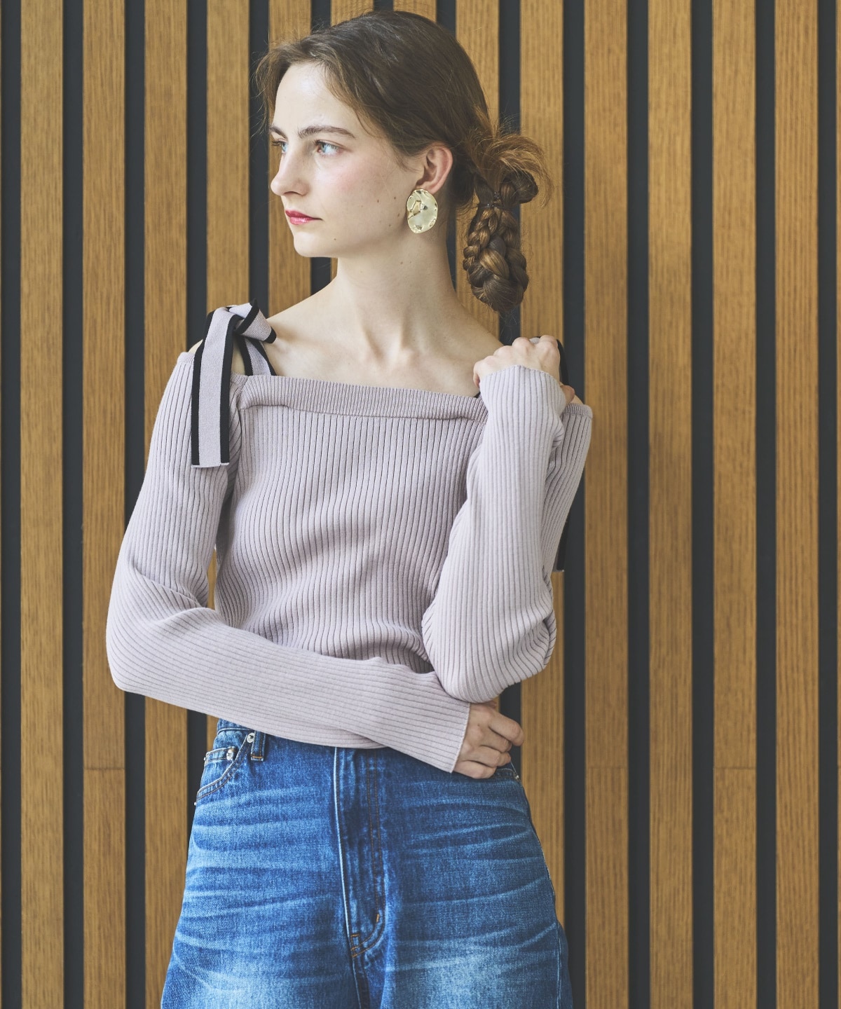 配色ショルダーリボンニットプルオーバー