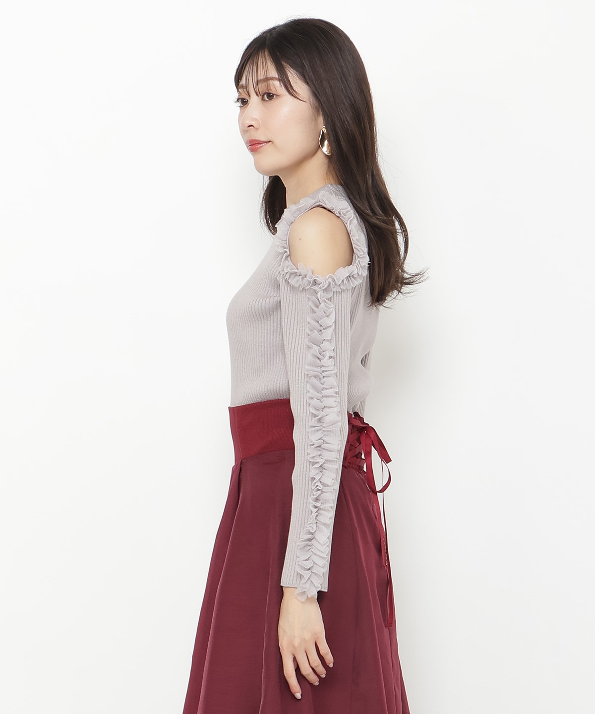 チュールフリルオフショルニットプルオーバー