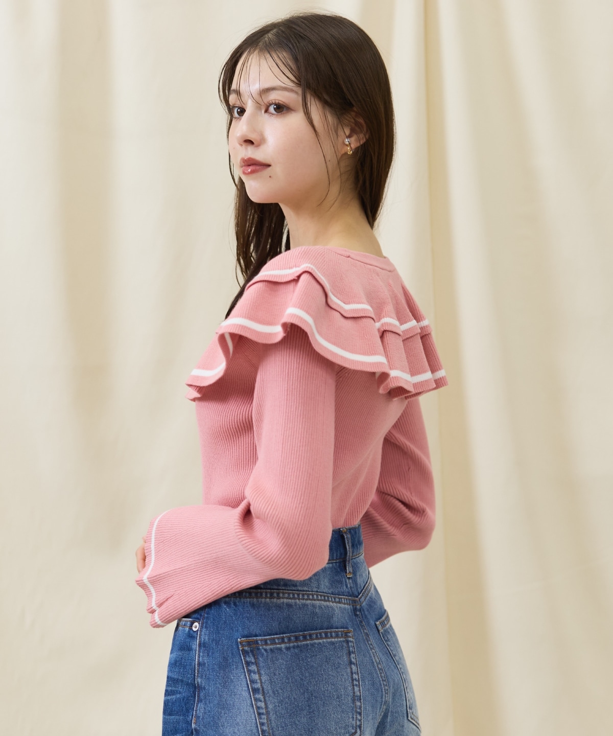 配色ケープフリルニット