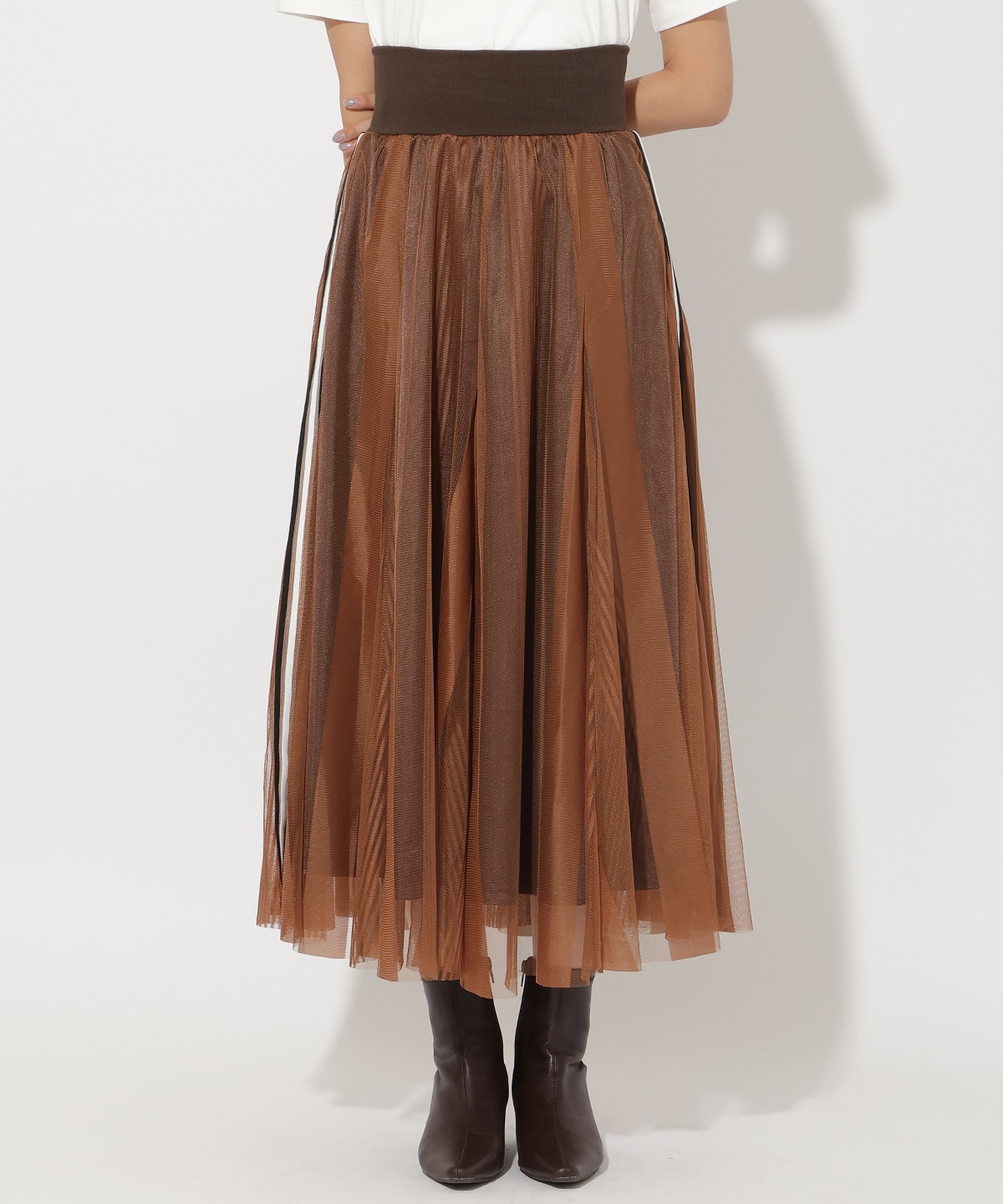 ウエストリブサイドラインストライプ×チュールロングスカート