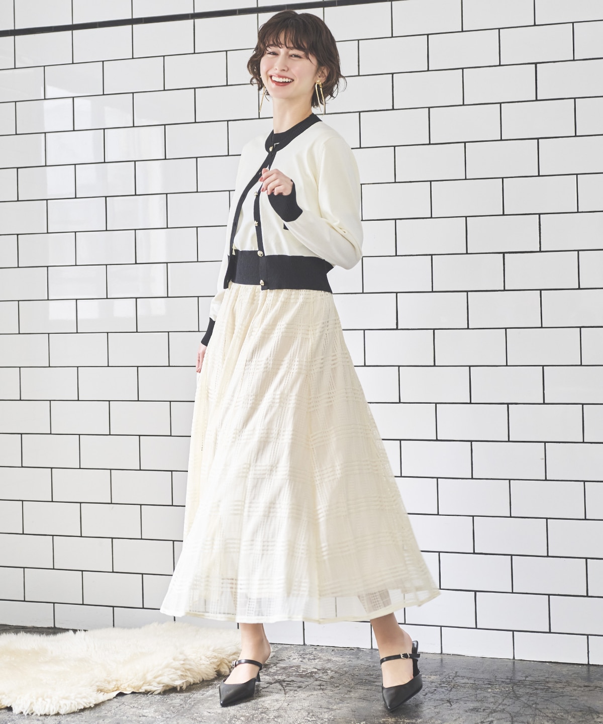 ウエストリブメッシュチェックロングスカート