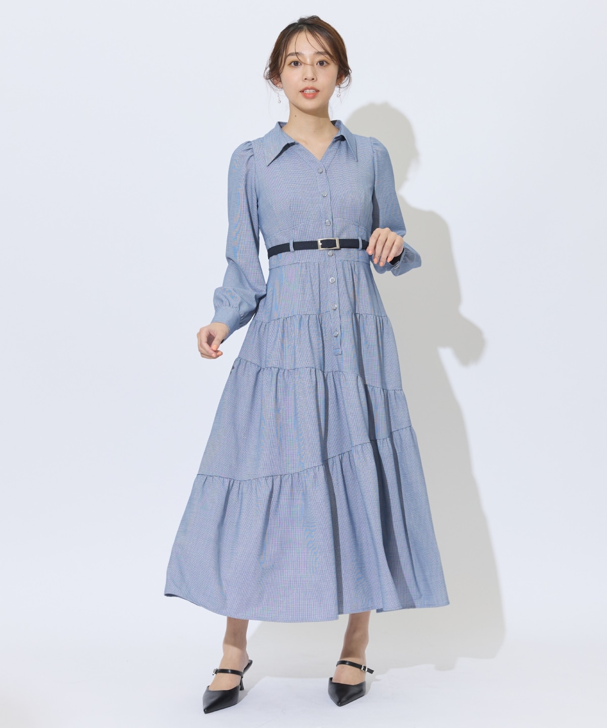 ラメ千鳥ティアードシャツワンピース