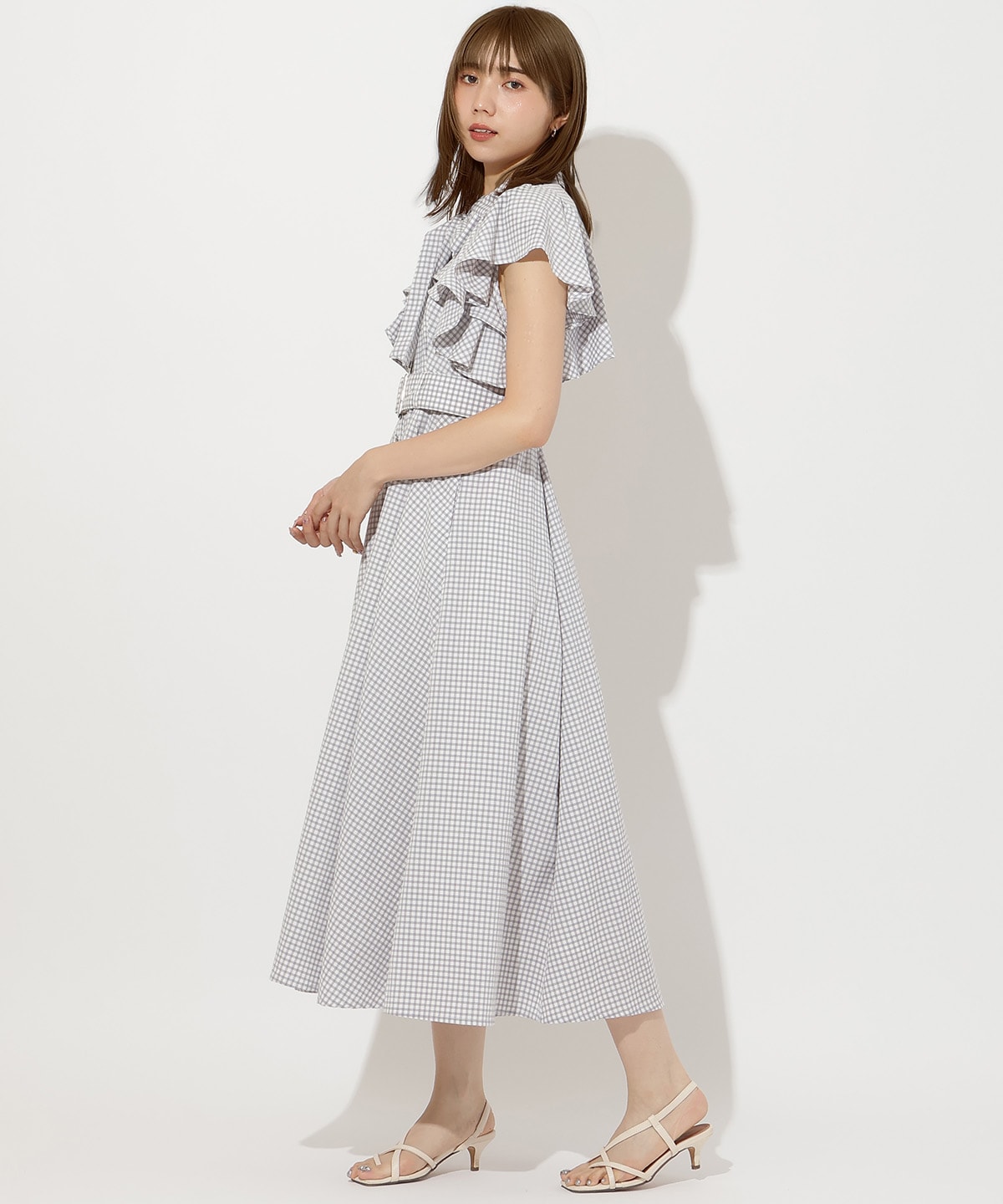 袖フリルチェックシャツワンピース