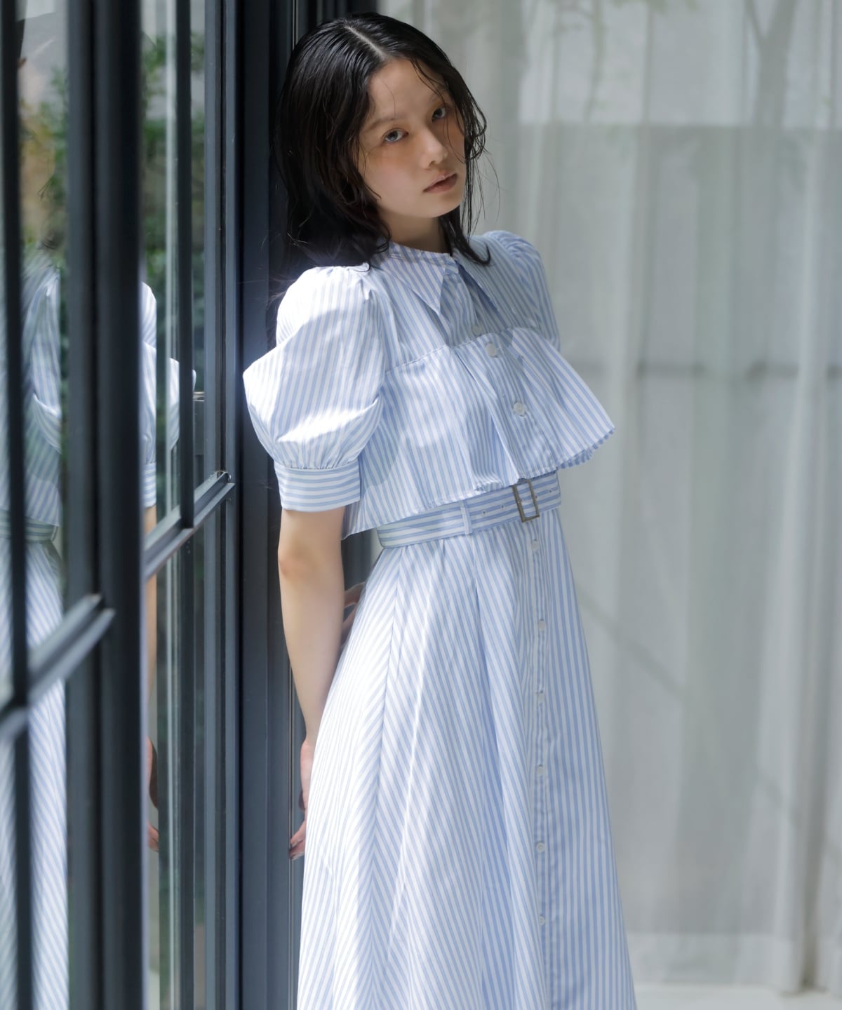 ビスチェ切替ストライプシャツワンピース