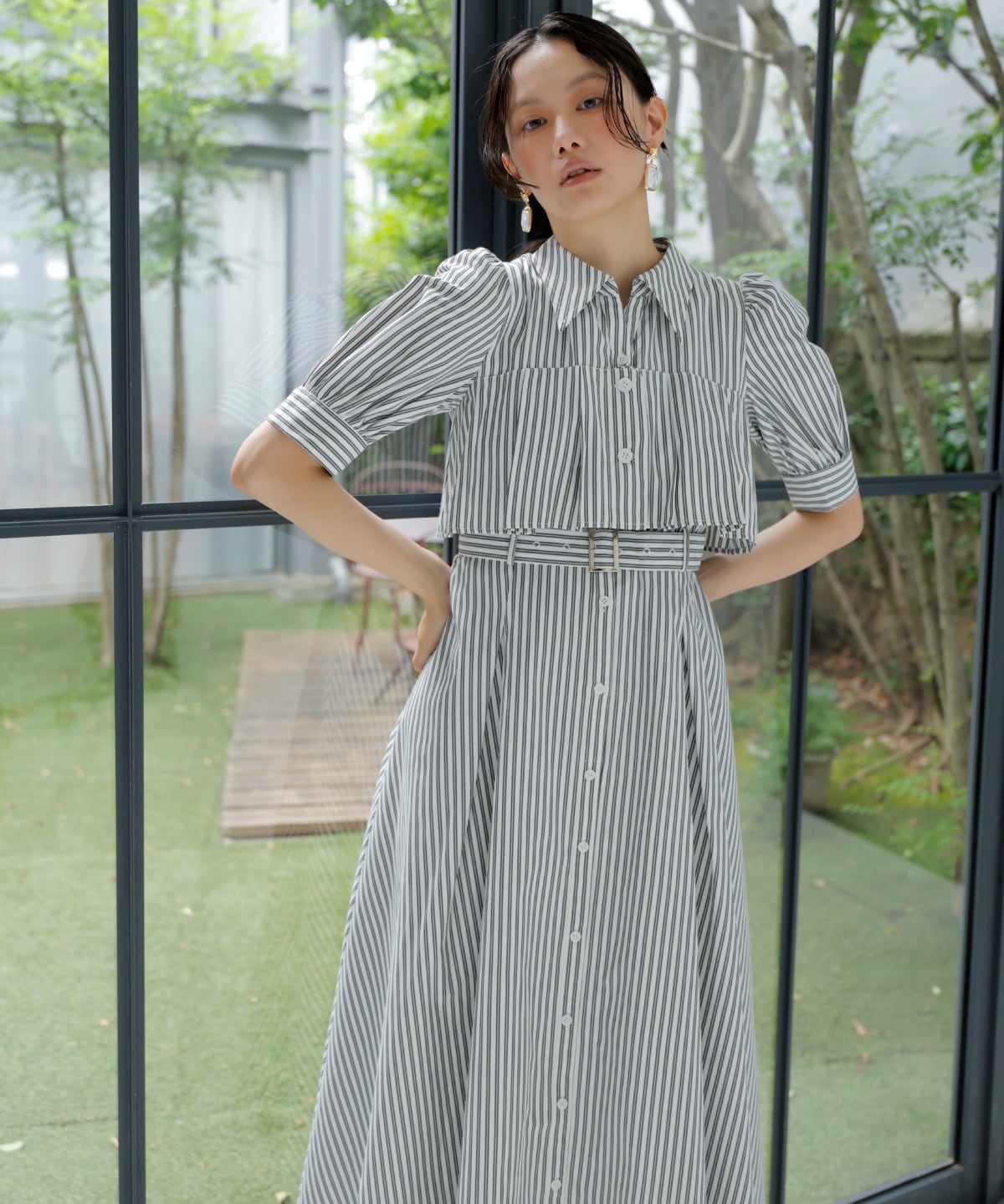 ビスチェ切替ストライプシャツワンピース