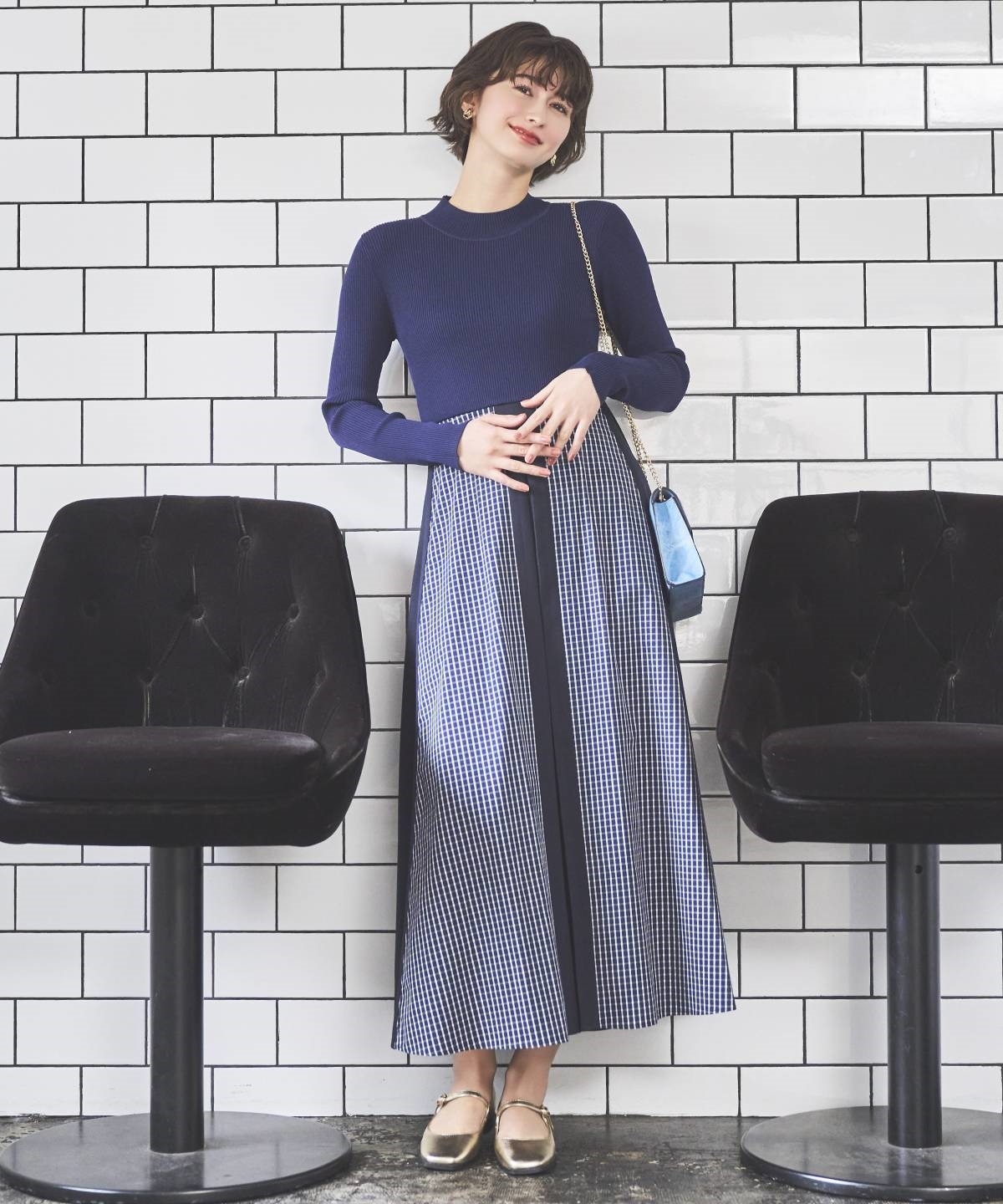 チェックドッキング配色ワンピース