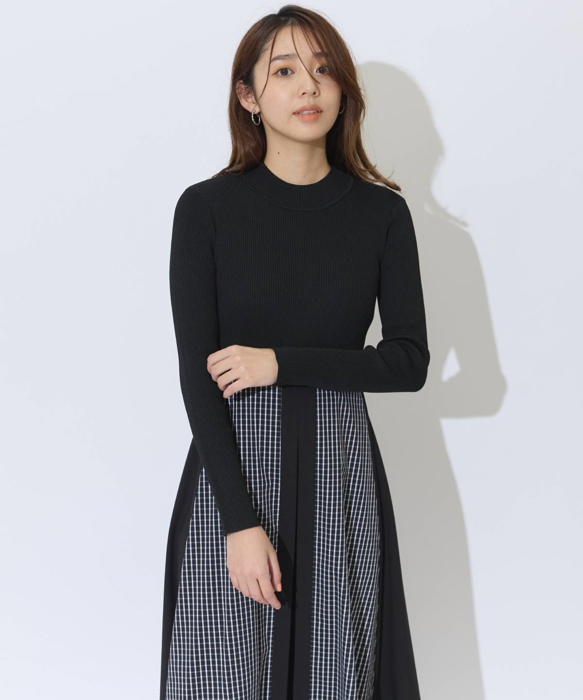 チェックドッキング配色ワンピース