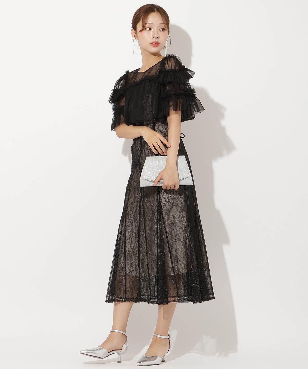 チュールフリルブラウス+レースキャミドレス