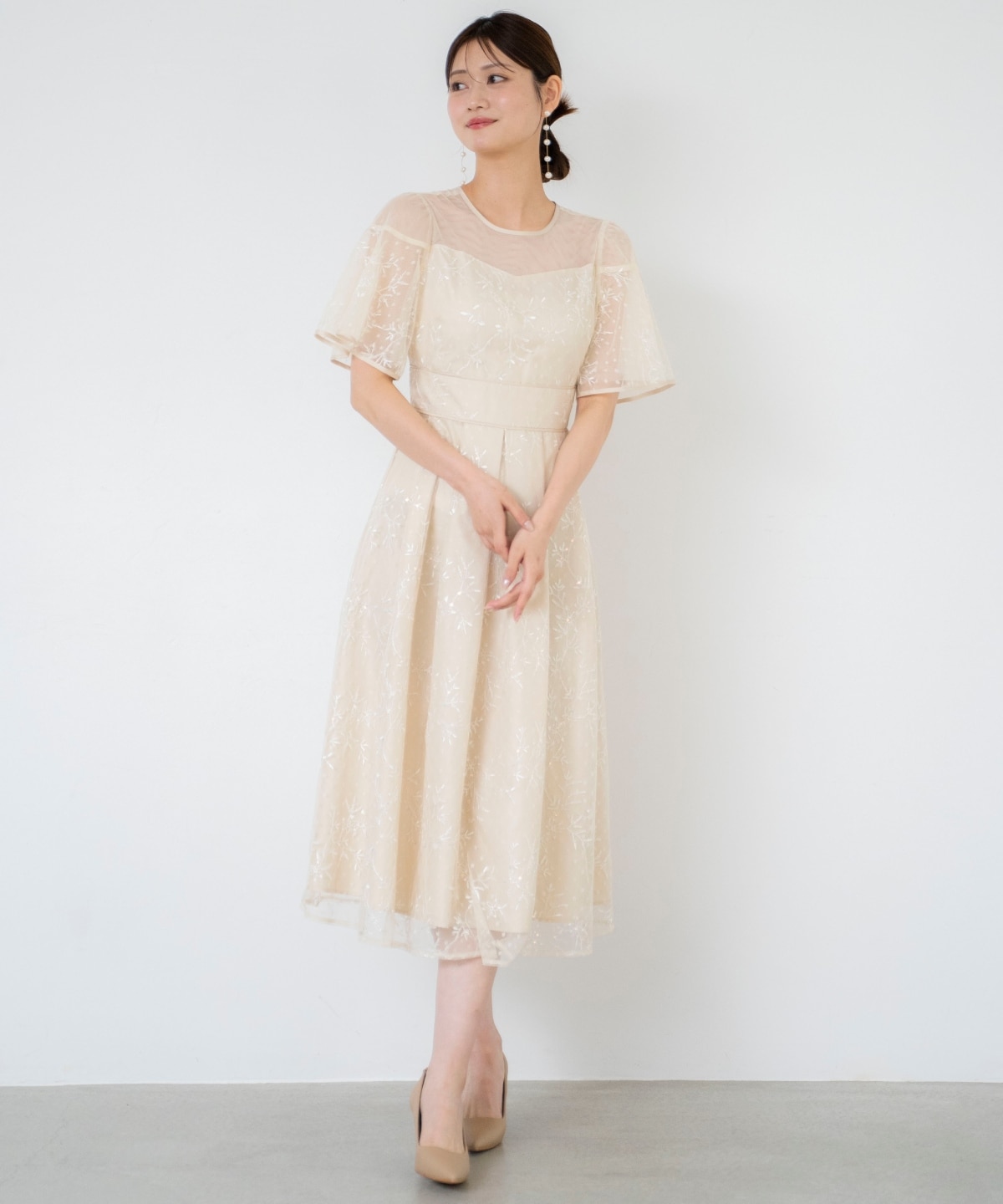 小花柄刺繍ドットチュールドレス