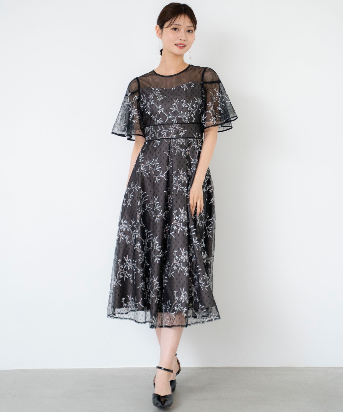 小花柄刺繍ドットチュールドレス