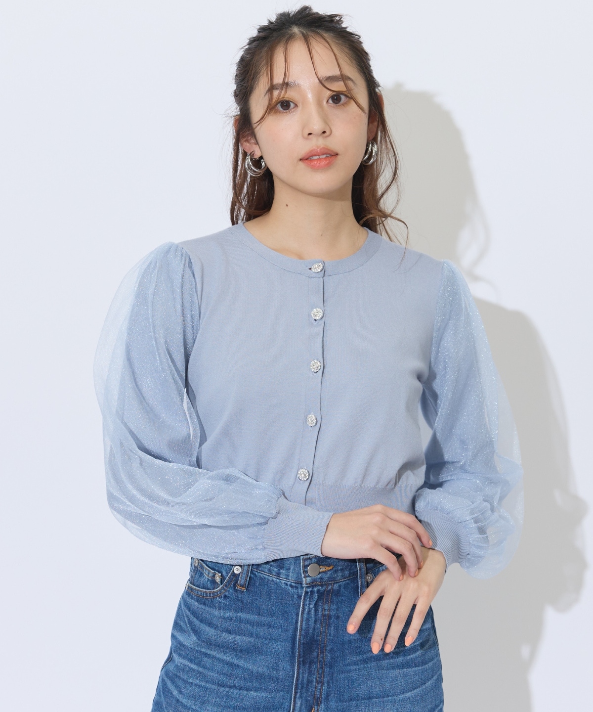 シアースリーブビジューカーディガン