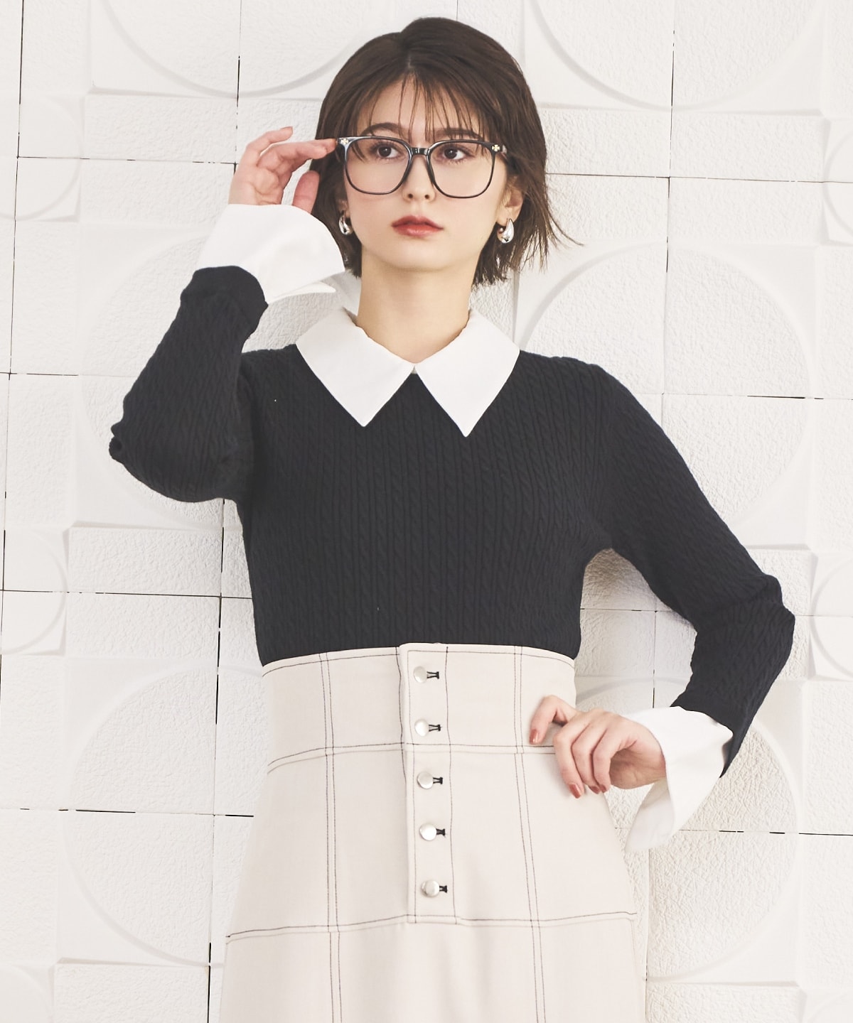 シャツレイヤード風ケーブル編みプルオーバー