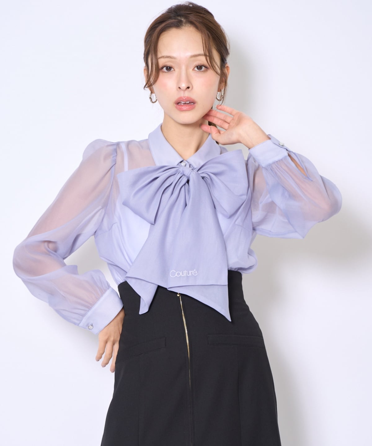 バタフライリボンシアー長袖ブラウス