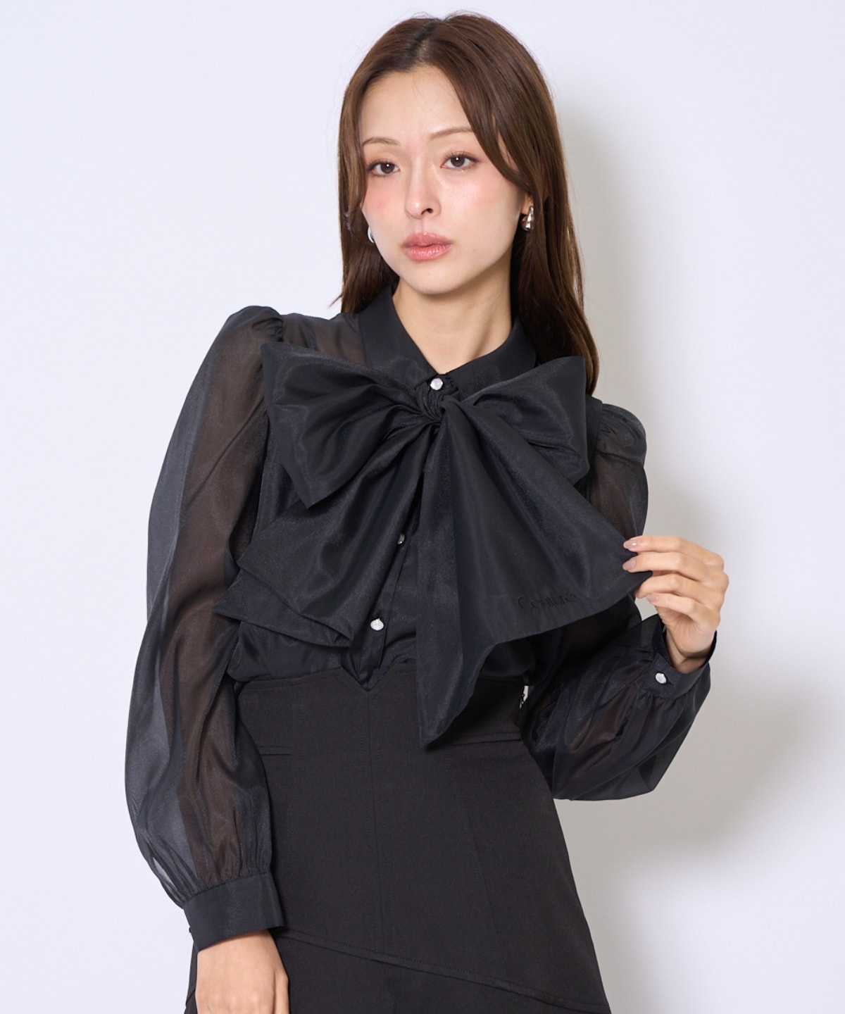 バタフライリボンシアー長袖ブラウス