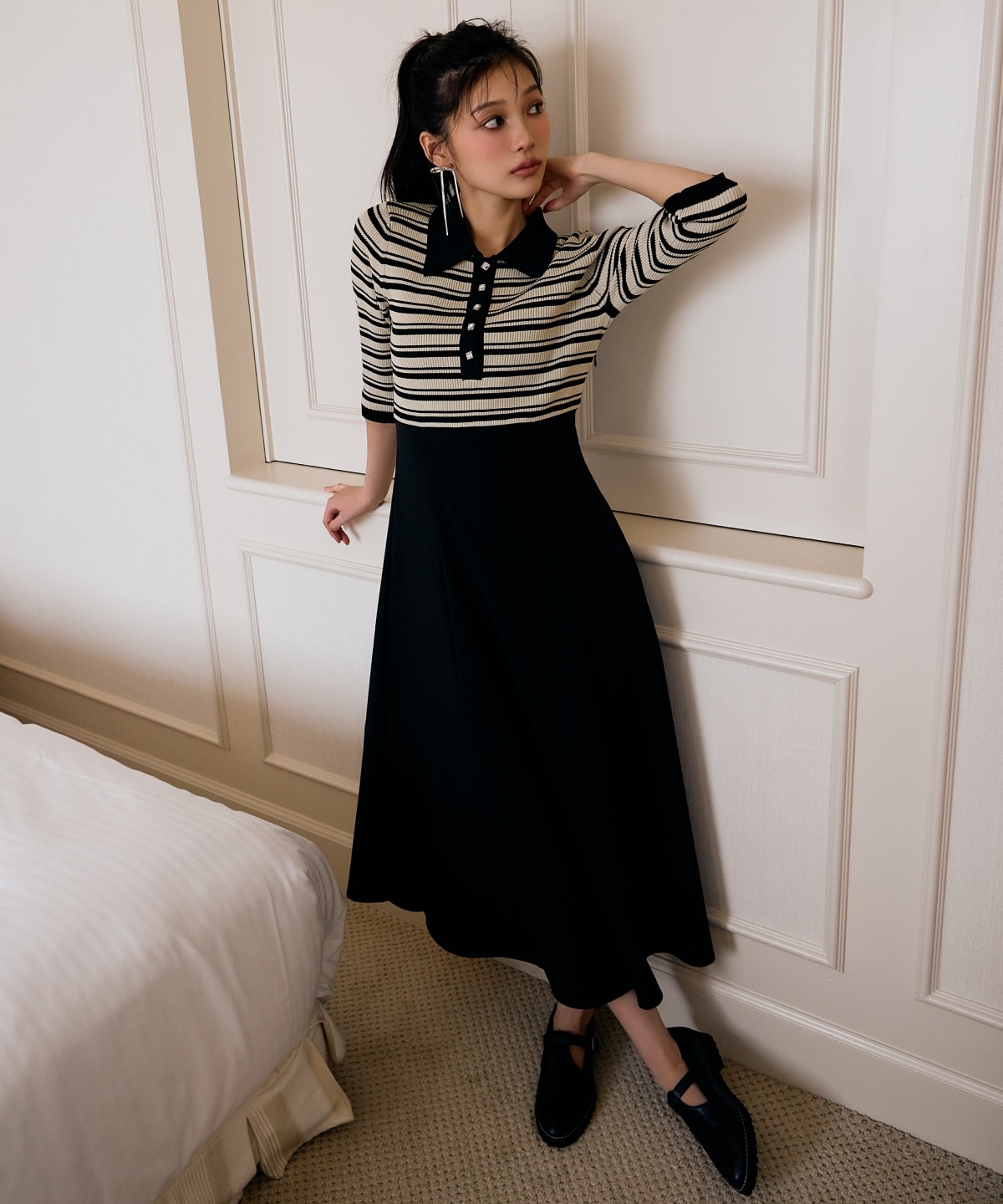 襟付きボーダードッキングワンピース