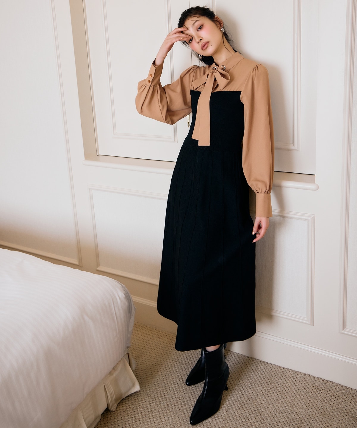 ボウタイ×ニットドッキングワンピース