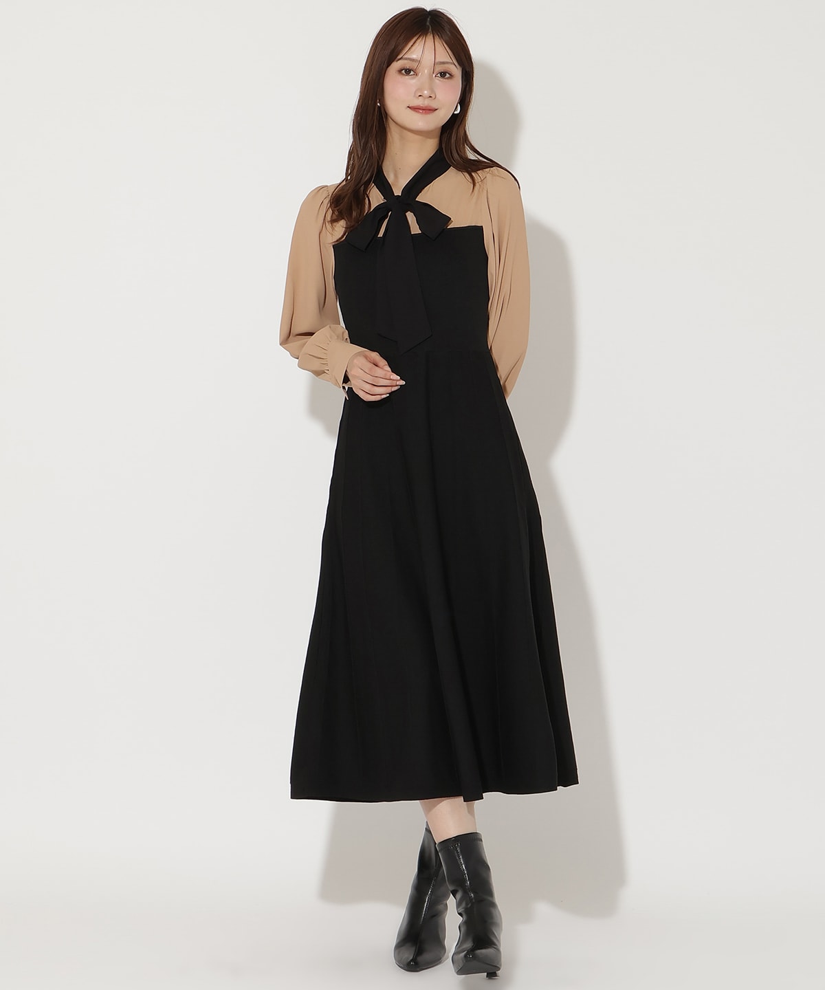 ニットビスチェ風リボンタイワンピース