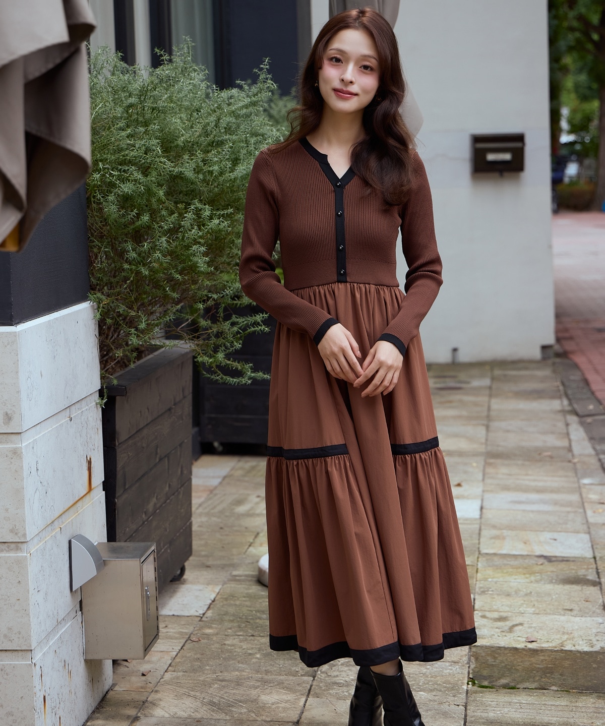 配色ニットドッキングワンピース