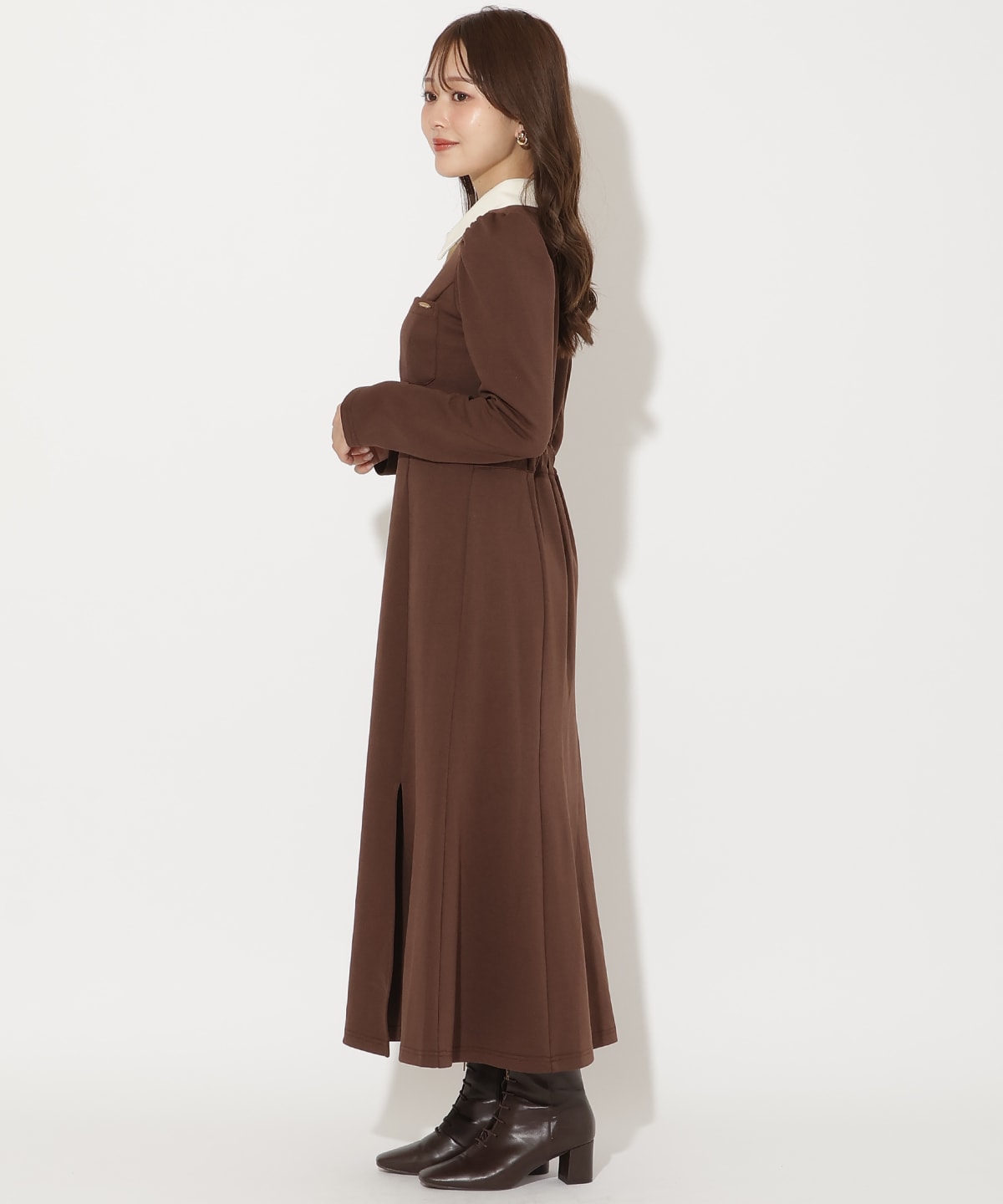 配色ポロ襟長袖ワンピース