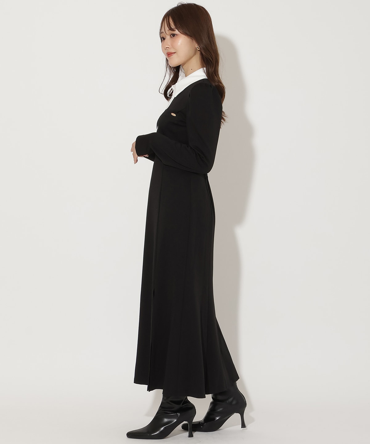 配色ポロ襟長袖ワンピース