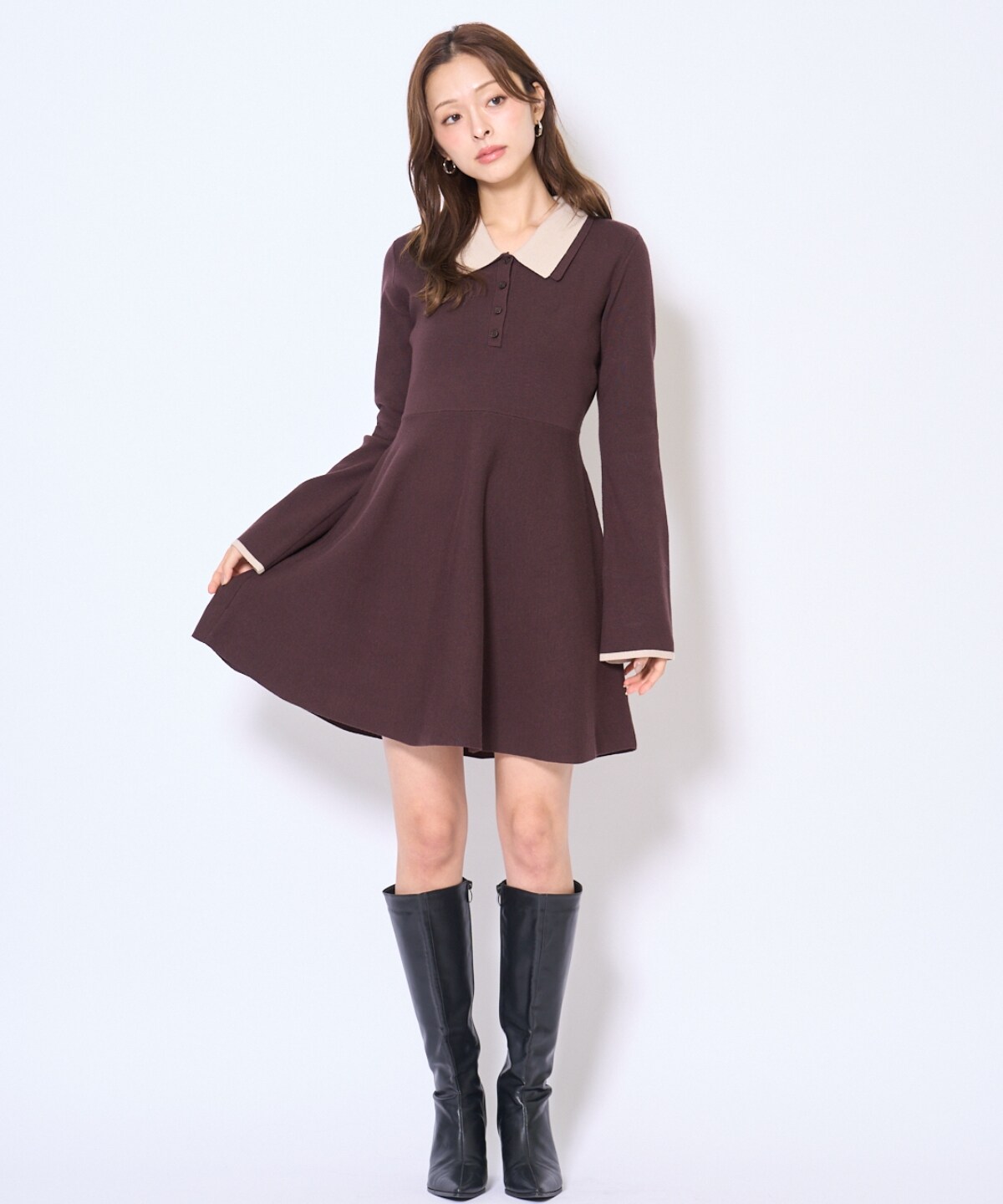 バイカラーポロニットフレアミニワンピース