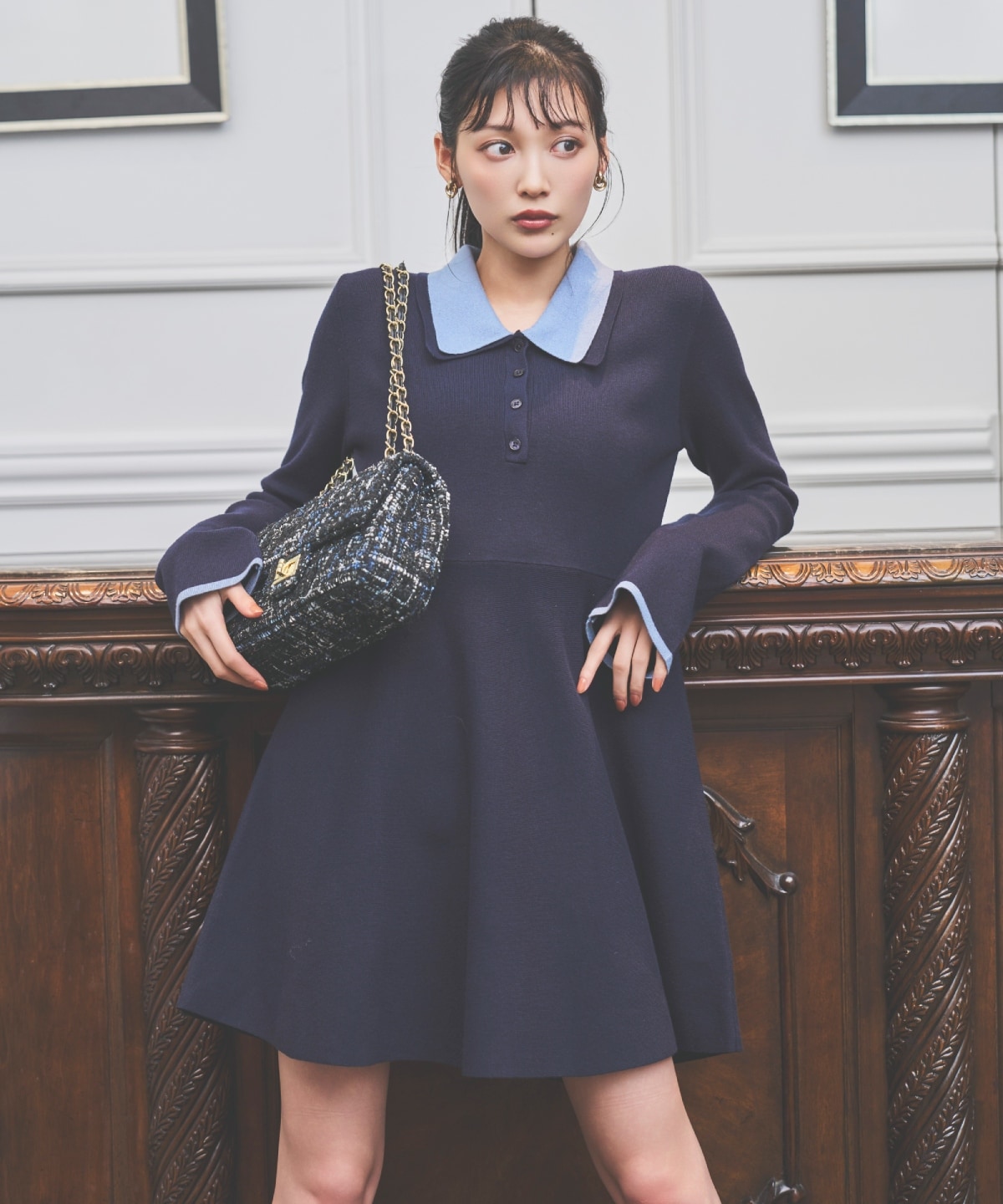 バイカラーポロニットフレアミニワンピース