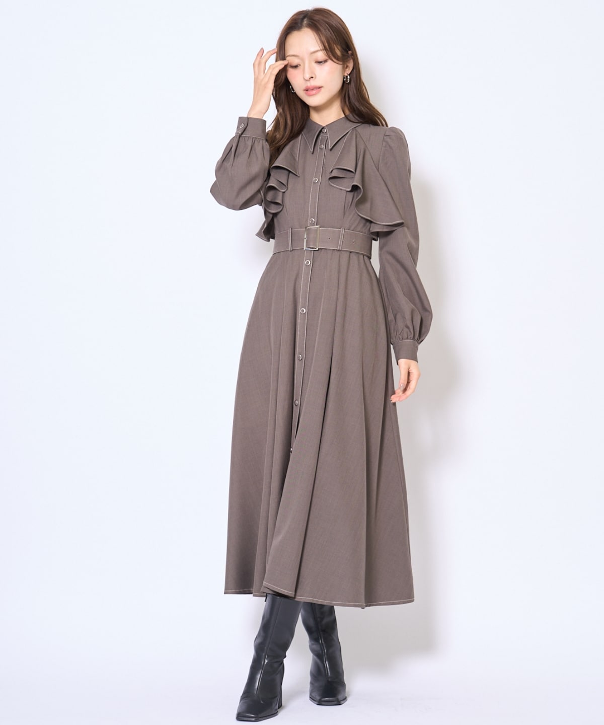 フリルケープシャツワンピース