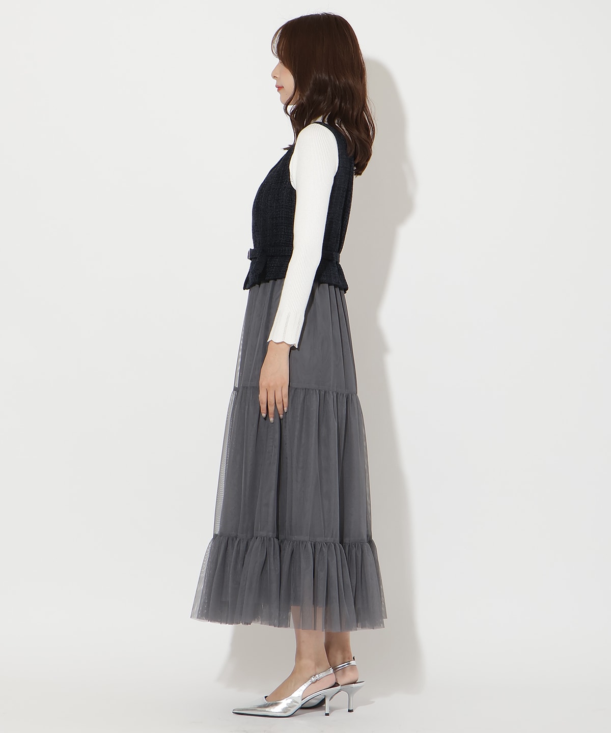 ツイード×チュールドッキングワンピース