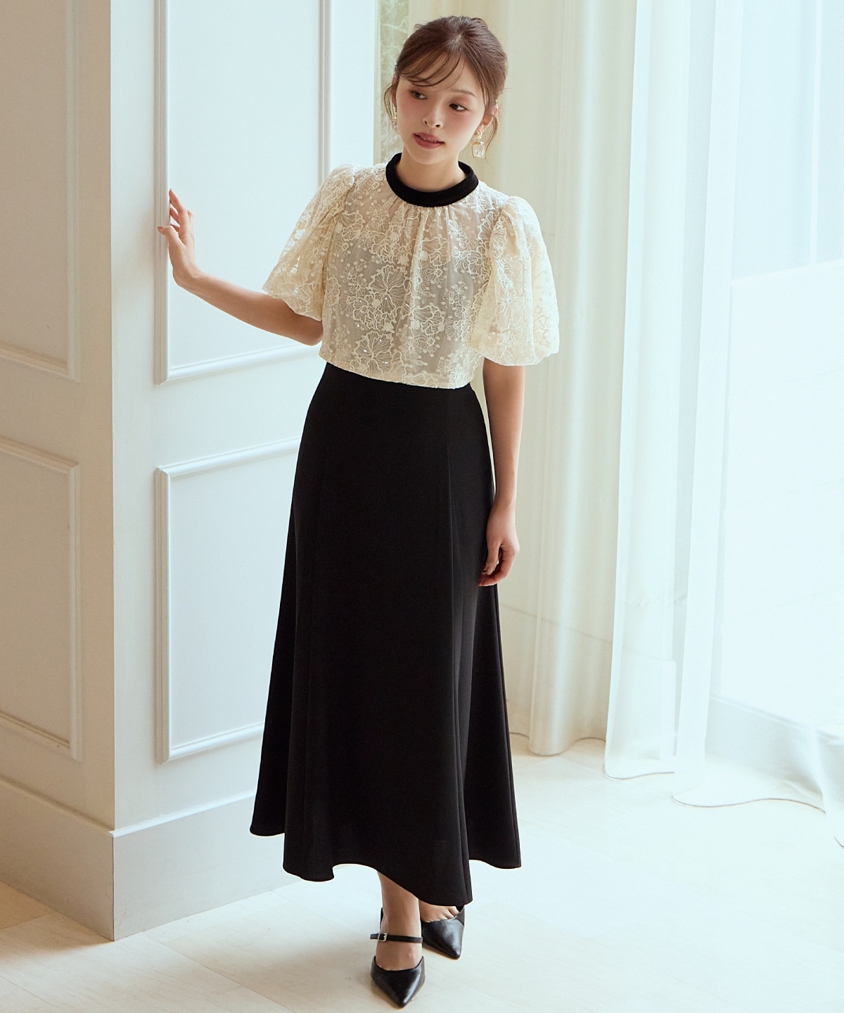 ベロアトリミングブラウス×ドレス