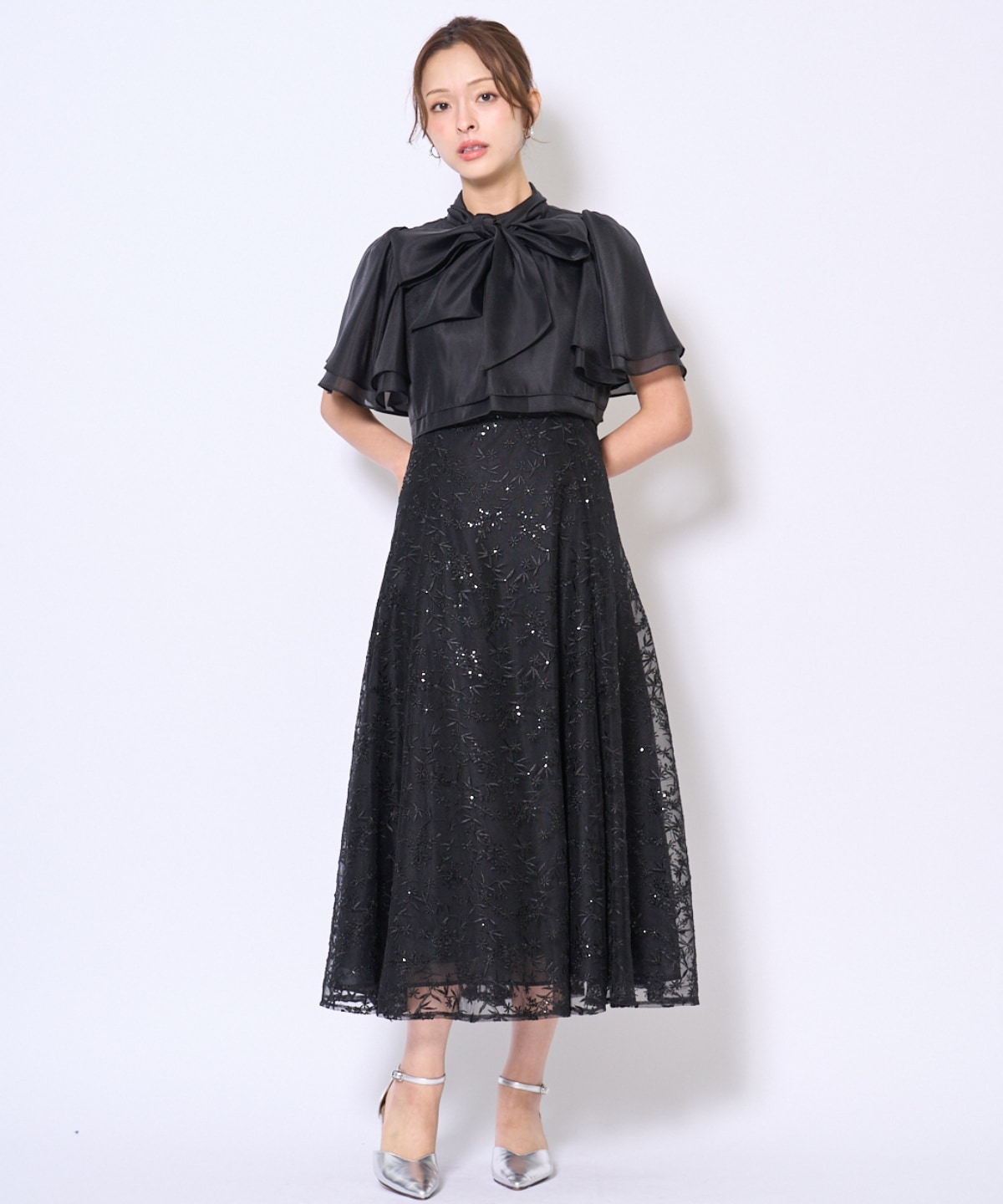 【再入荷予約受付中】ラメボタニカルレースレイヤードドレス