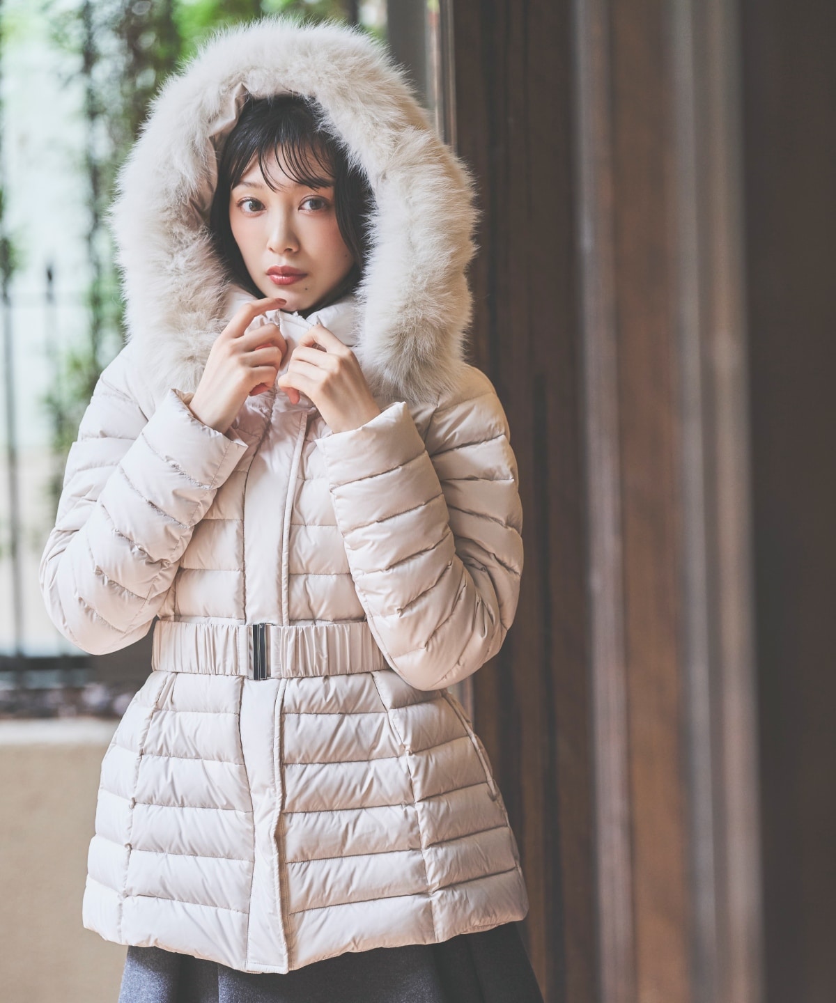 ベルト付きFOXファーミドル丈ダウン