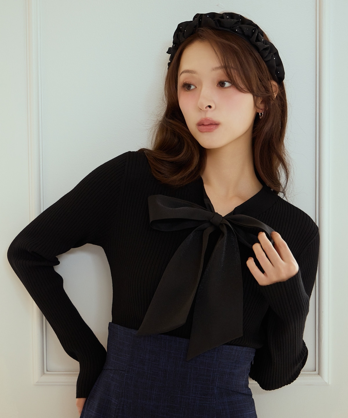 リボンボウタイ付きリブプルオーバー