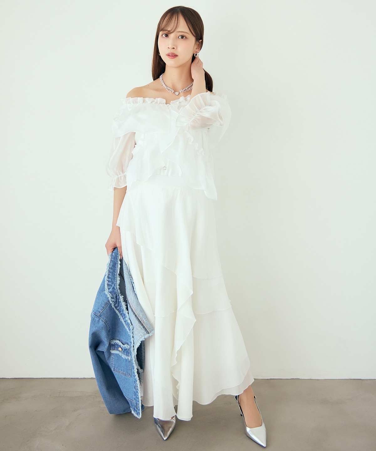 アシンメトリーシフォンラッフルスカート