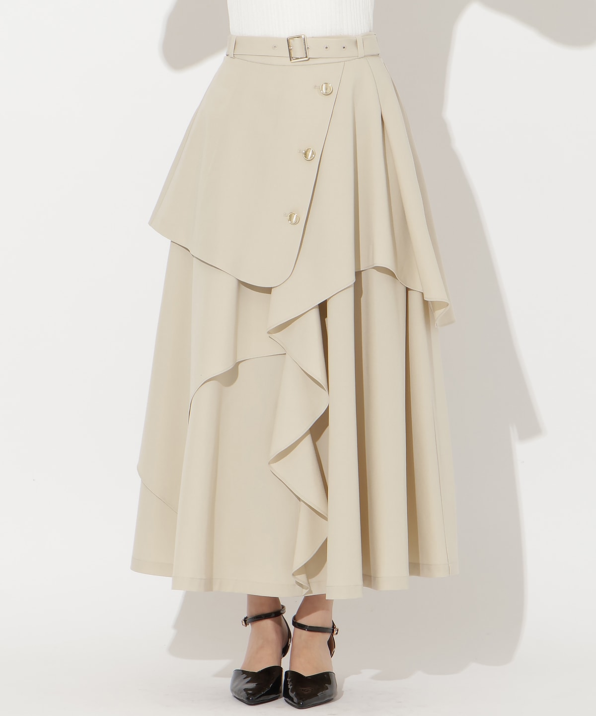 【先行予約受付中】ベルト付きレイヤードデザインフレアスカート