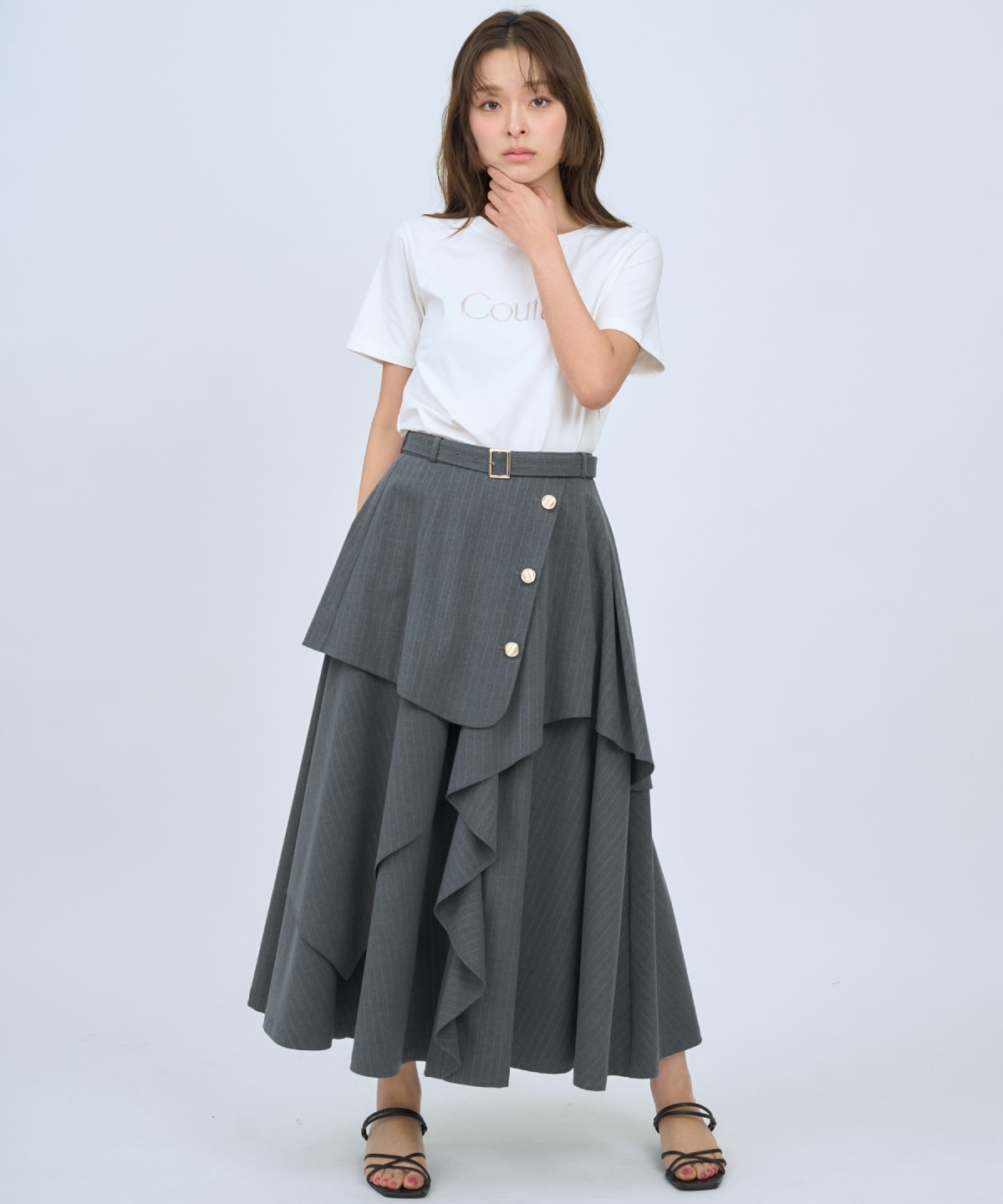 ベルト付きレイヤードデザインフレアスカート