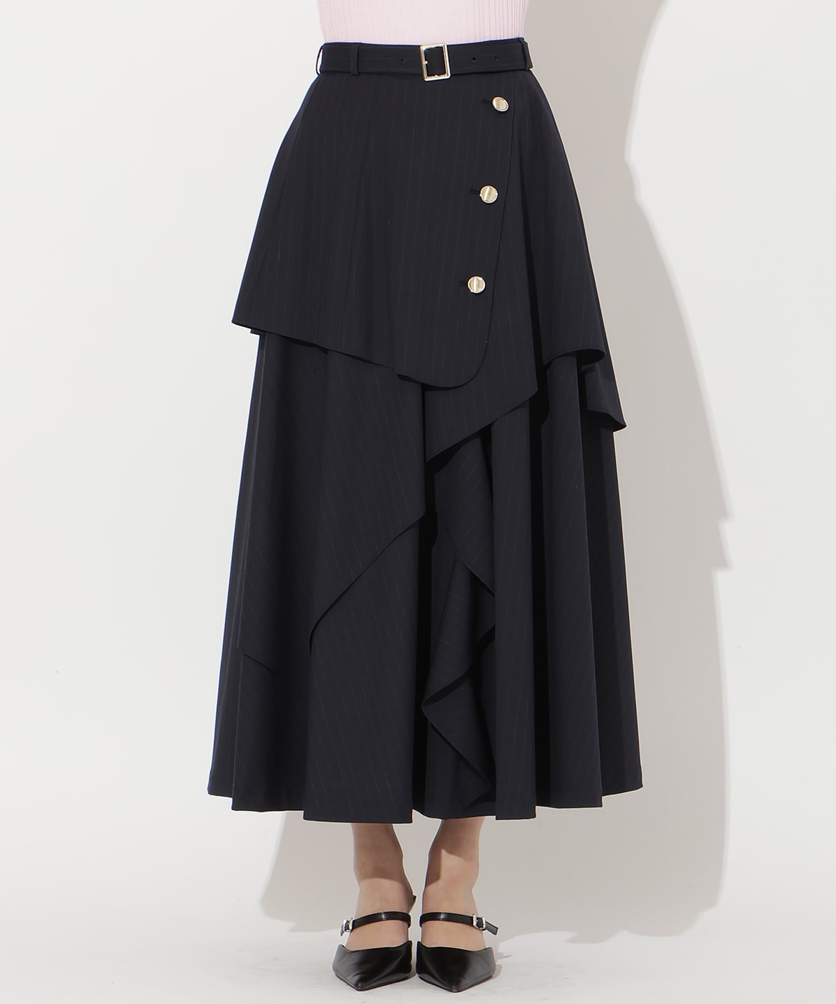 【先行予約受付中】ベルト付きレイヤードデザインフレアスカート