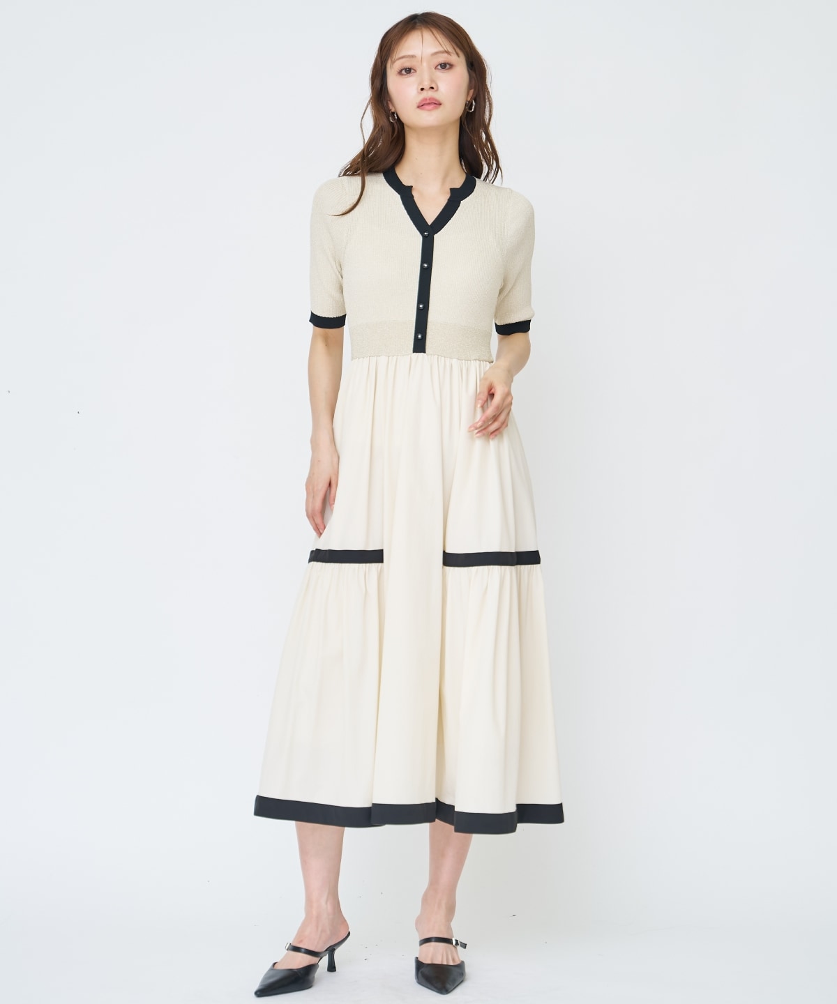 【先行予約受付中】ラメ入り配色ドッキングワンピース