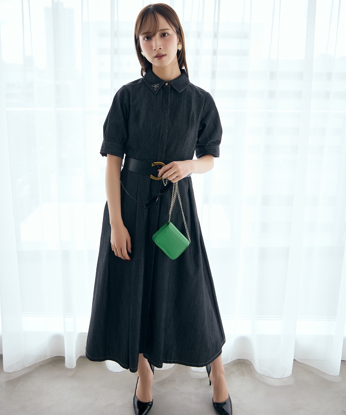 【先行予約受付中】ベルト付き５分袖デニムワンピース