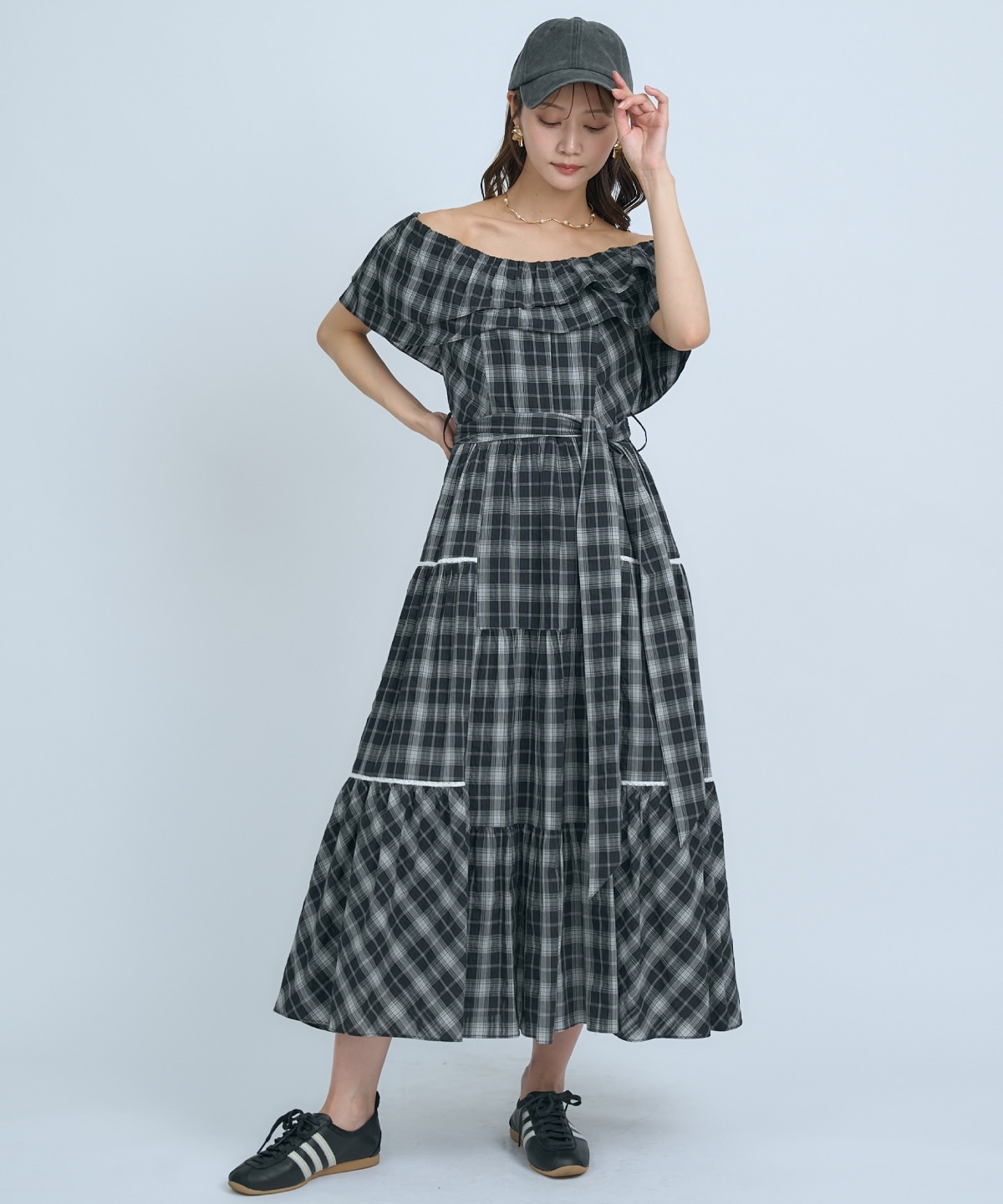 【先行予約受付中】オフショルチェックフレアワンピース