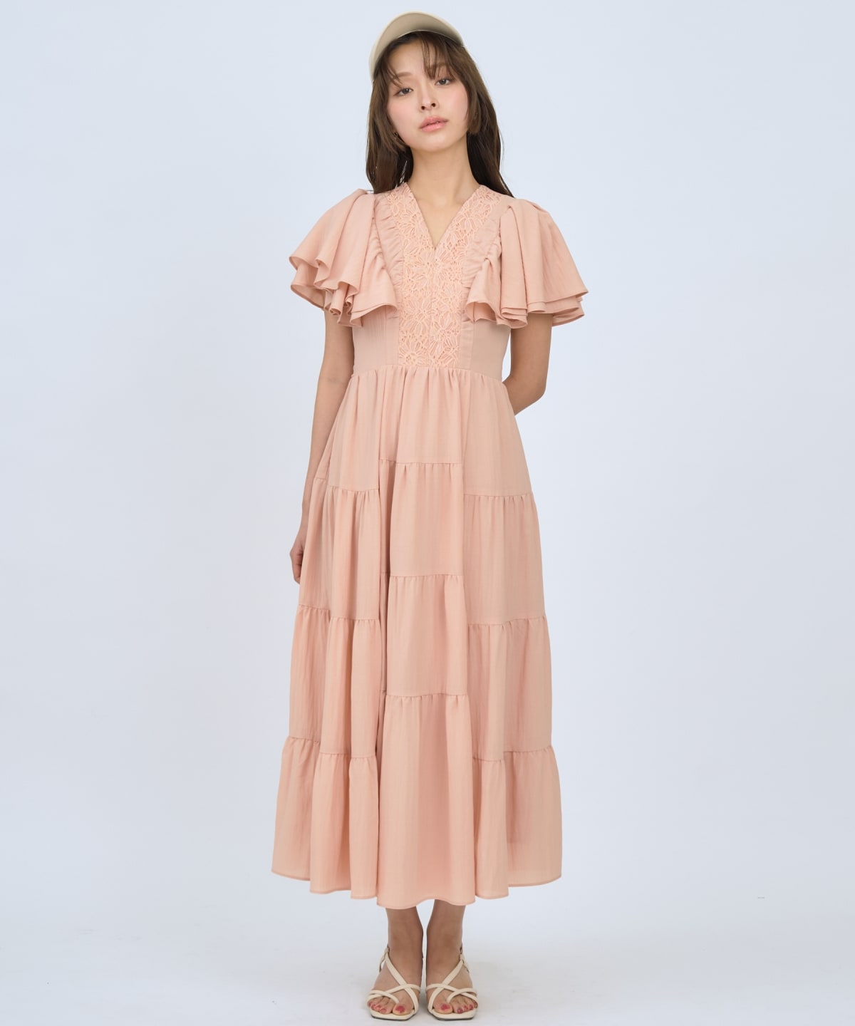 【先行予約受付中】Vネック襟レースティアードワンピース