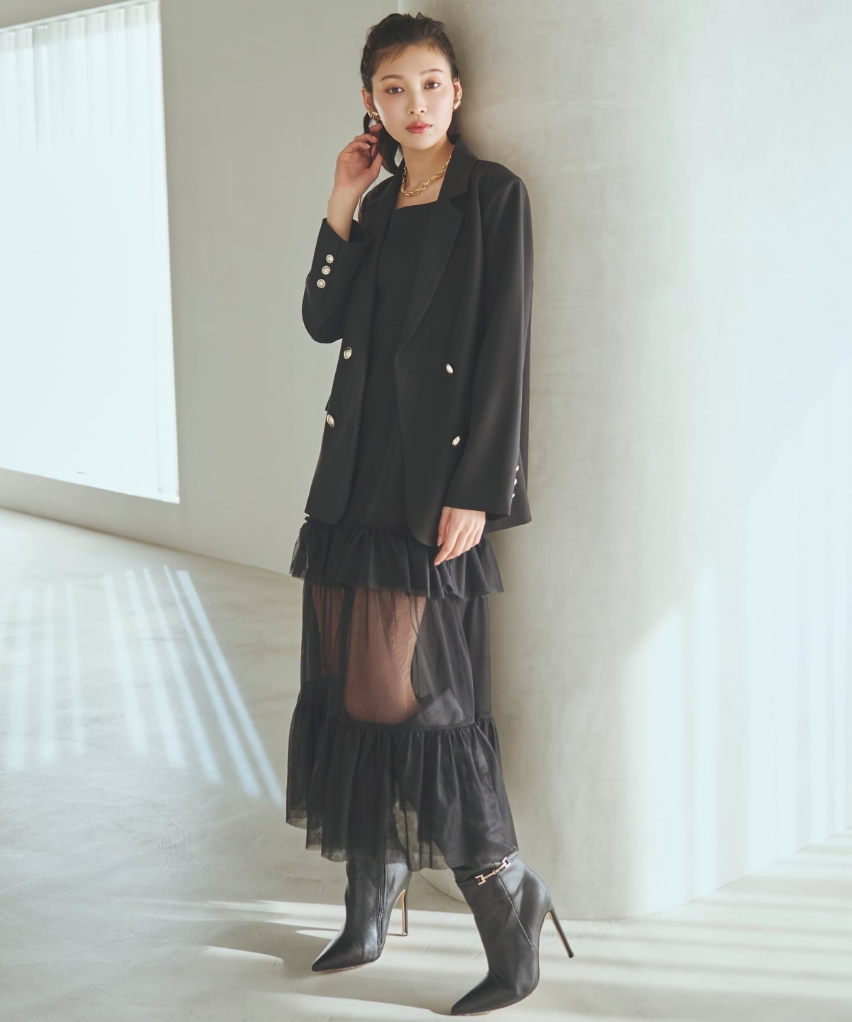 【先行予約受付中】ジャケット×シアーティアードワンピース