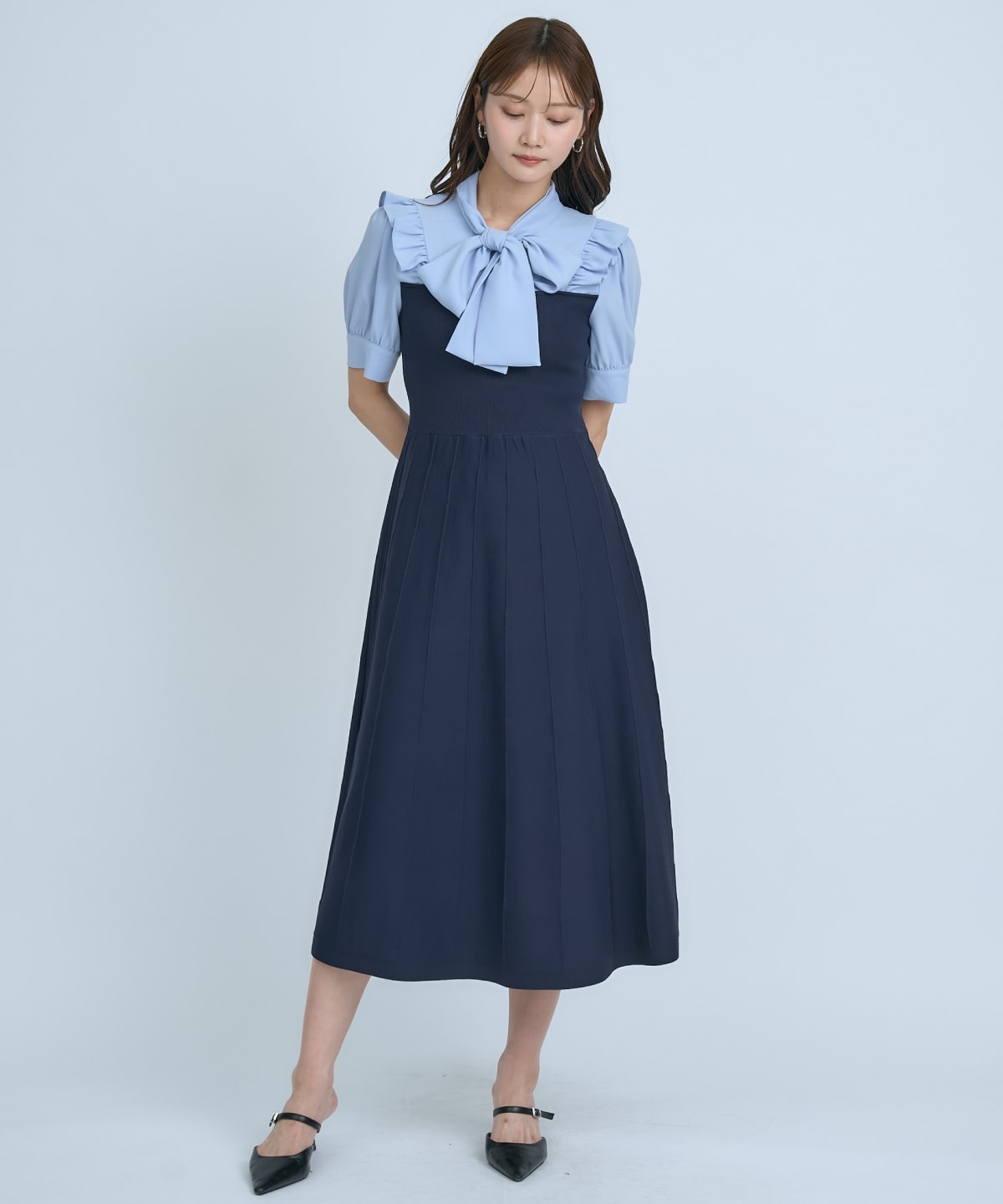 【先行予約受付中】ニットビスチェ風ボウタイワンピース