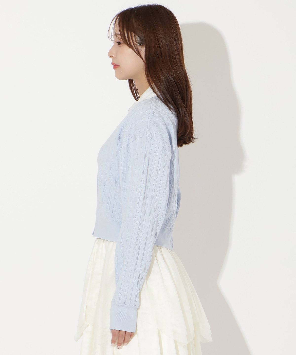 【先行予約受付中】シャツレイヤード風ケーブルカーディガン